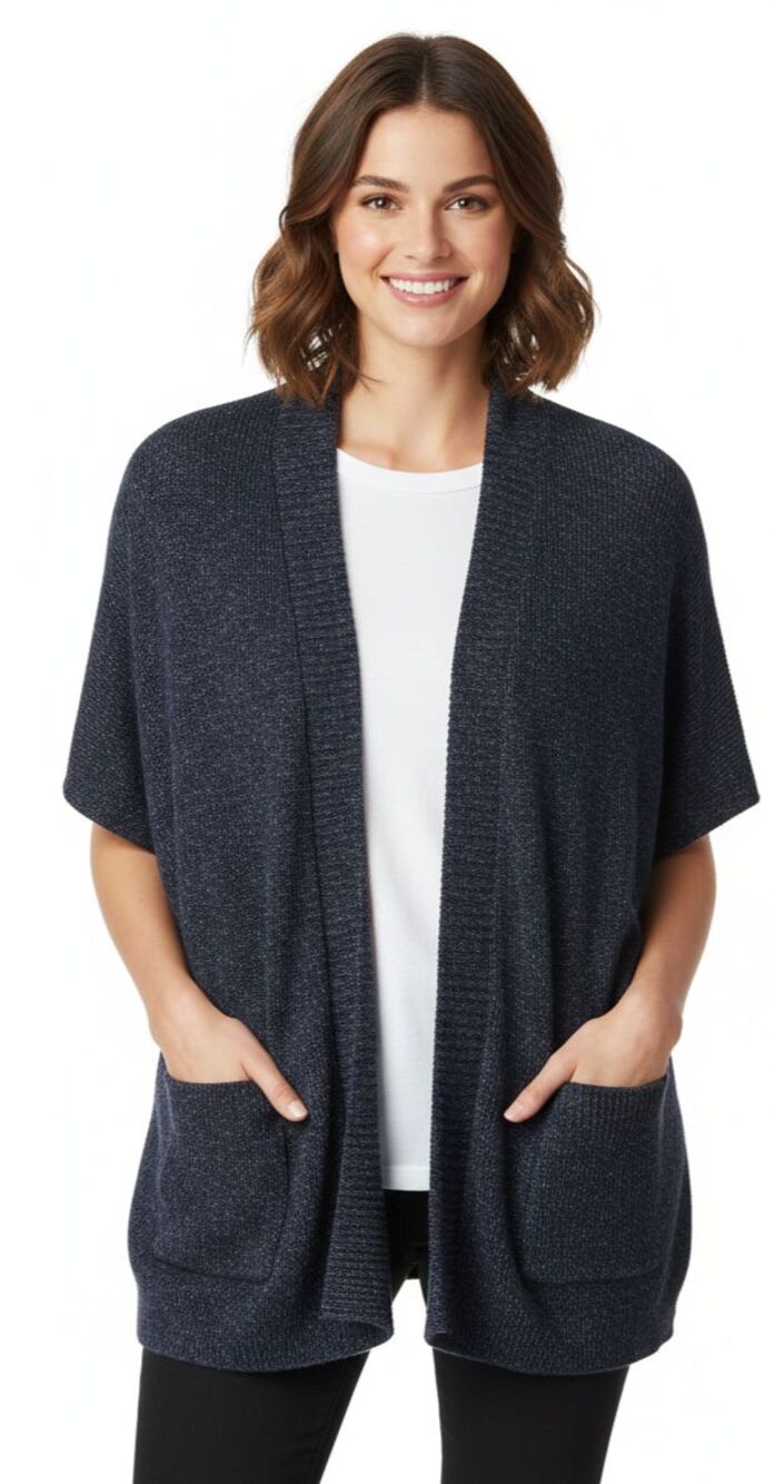Athleta Weekend Wrap Cardigan S/M Navy Blue Marled Knit Open Front Pockets EUC